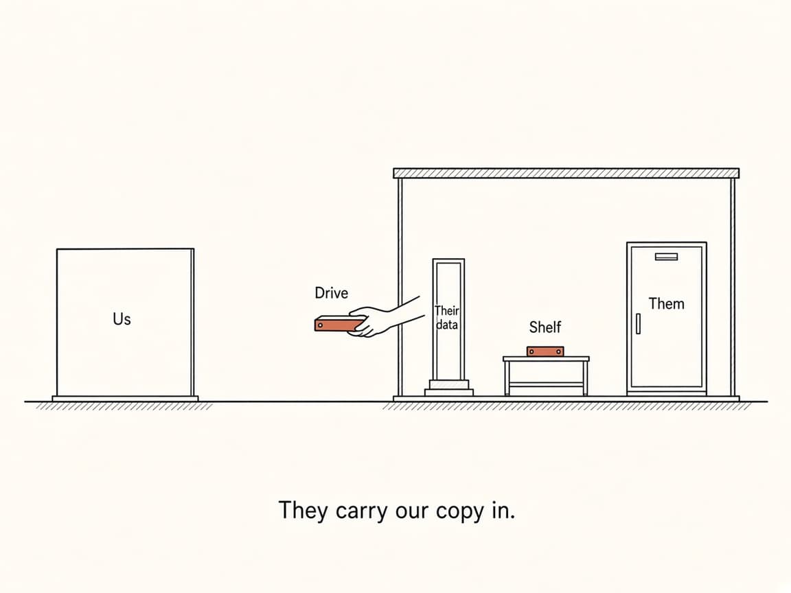 A hand carries a drive through their door. The drive sits on their shelf. Their data cabinet stays shut.